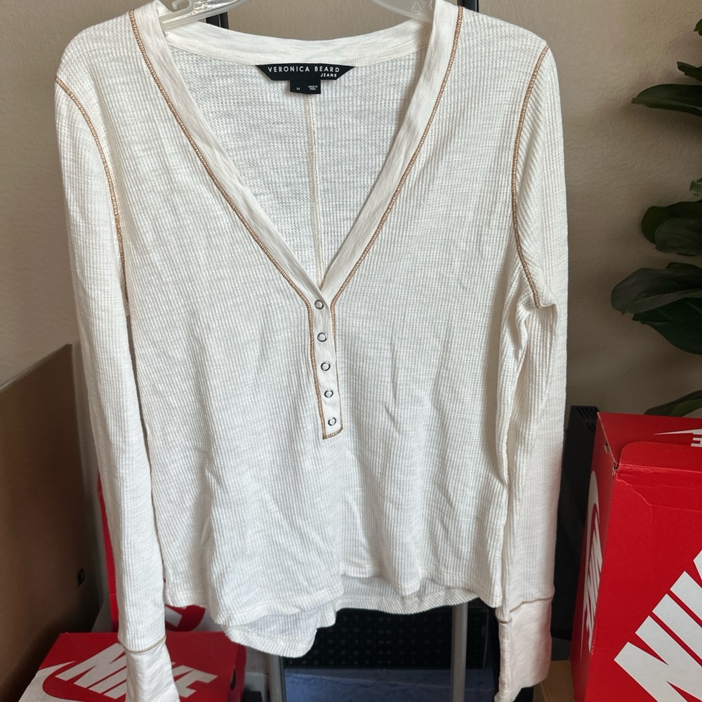Veronica Beard Cream henley V-Neck Top